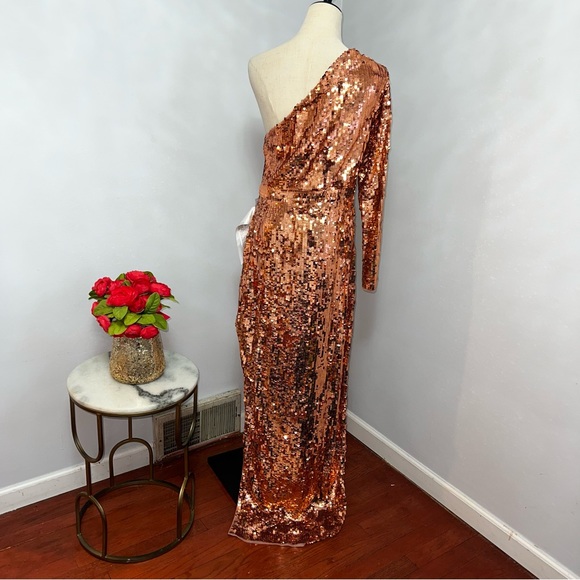 MAC DUGGAL Copper Long Sleeve One Shoulder Sequin Gown With Slit - New W/Tag - Picture 13 of 17